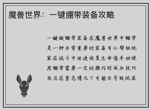 魔兽世界：一键绷带装备攻略